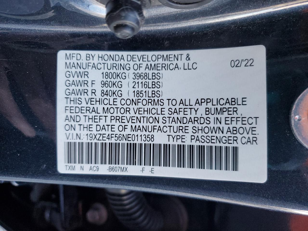 2022 HONDA INSIGHT EX VIN:19XZE4F56NE011358