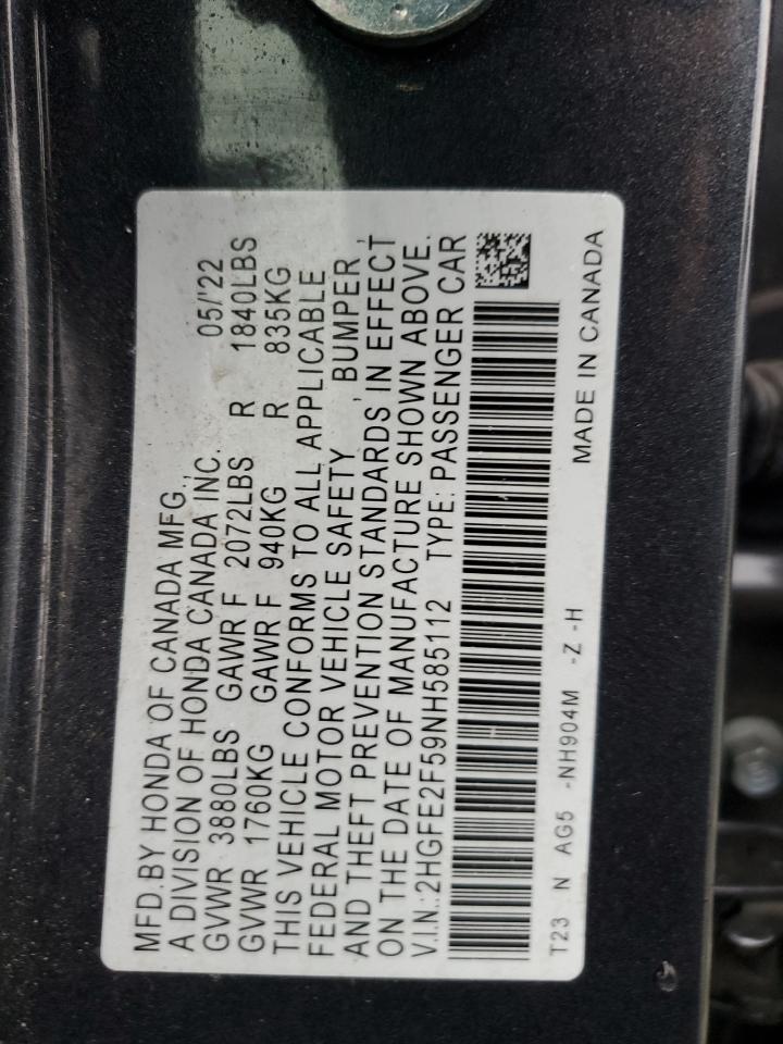 2022 HONDA CIVIC SPORT VIN:2HGFE2F59NH585112
