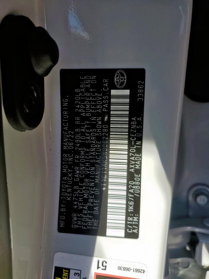 2022 TOYOTA CAMRY LE VIN:4T1C11AK5NU062280