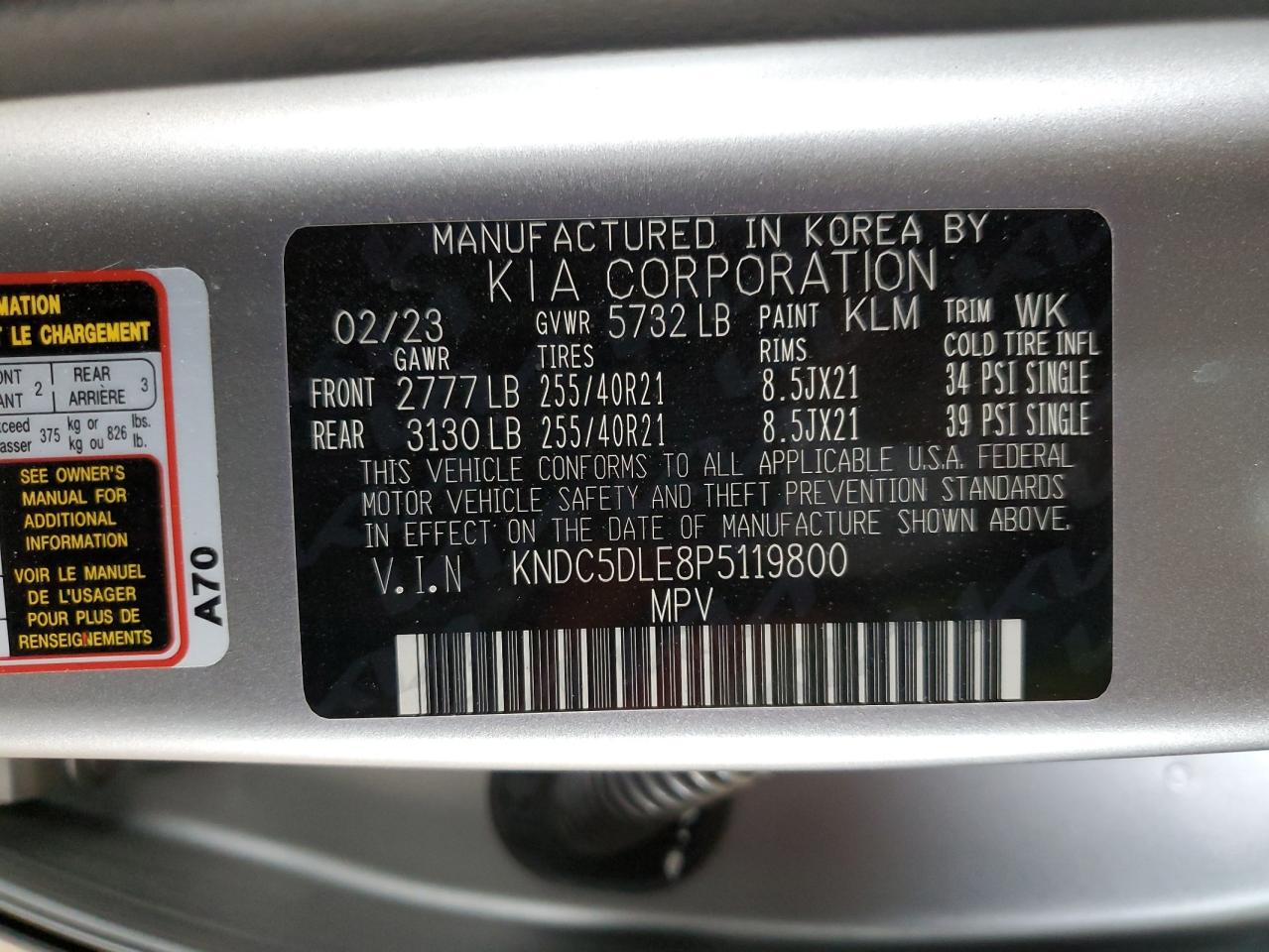 2023 KIA EV6 GT VIN:KNDC5DLE8P5119800