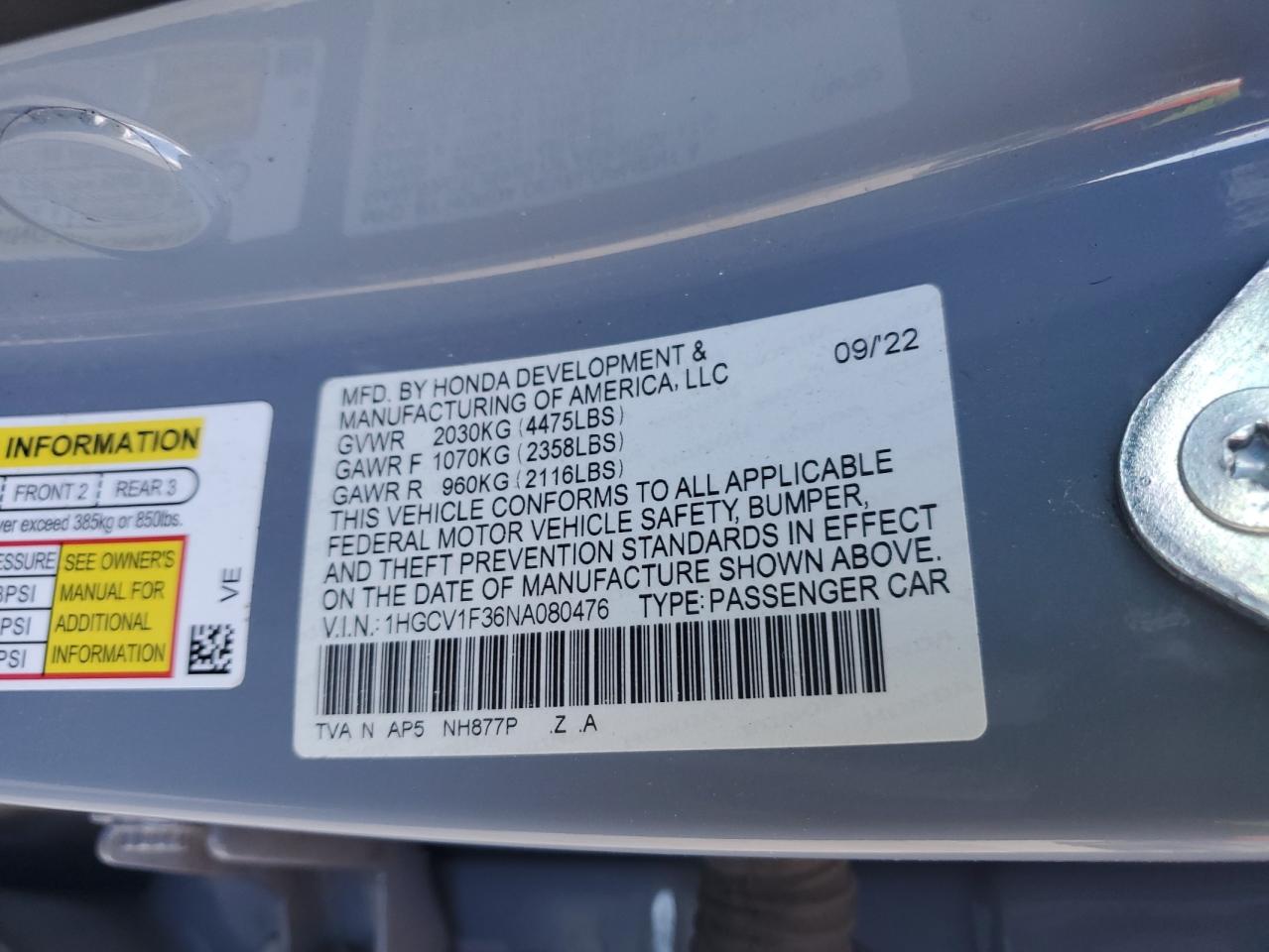 2022 HONDA ACCORD SPORT VIN:1HGCV1F36NA080476