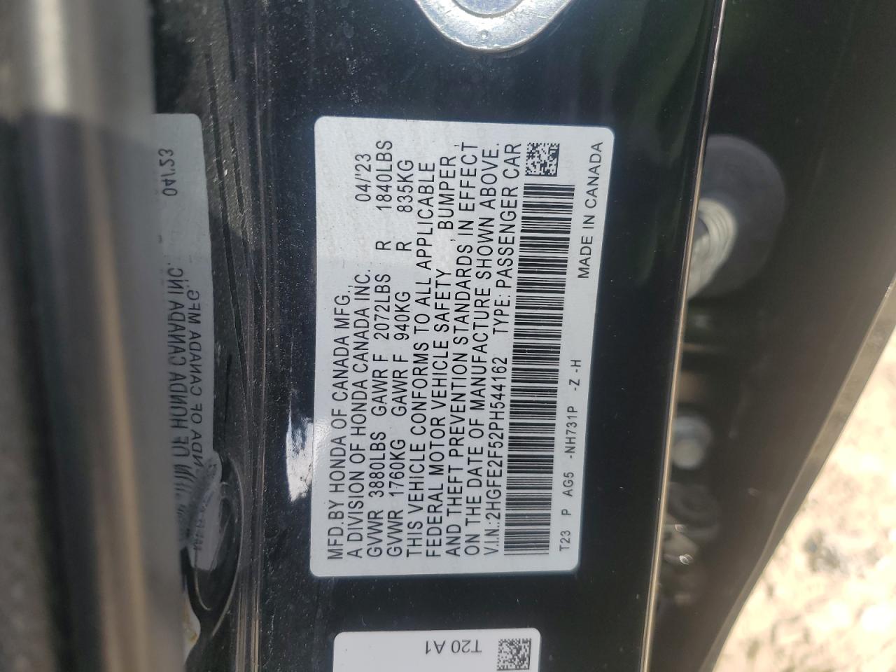 2023 HONDA CIVIC SPORT VIN:2HGFE2F52PH544162