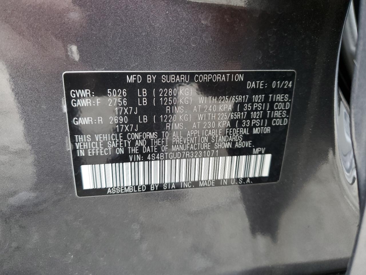 2024 SUBARU OUTBACK WILDERNESS VIN:4S4BTGUD7R3231071