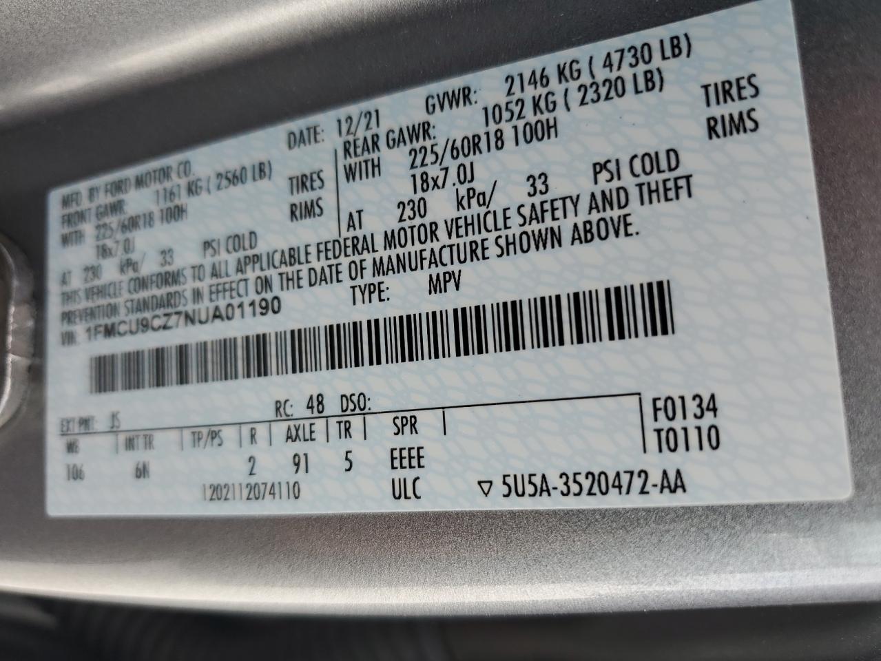 2022 FORD ESCAPE SEL VIN:1FMCU9CZ7NUA01190