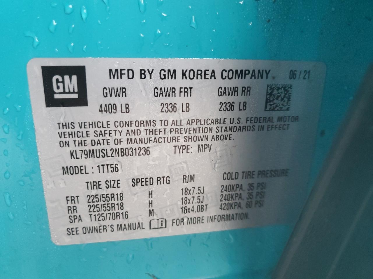 2022 CHEVROLET TRAILBLAZER RS VIN:KL79MUSL2NB031236