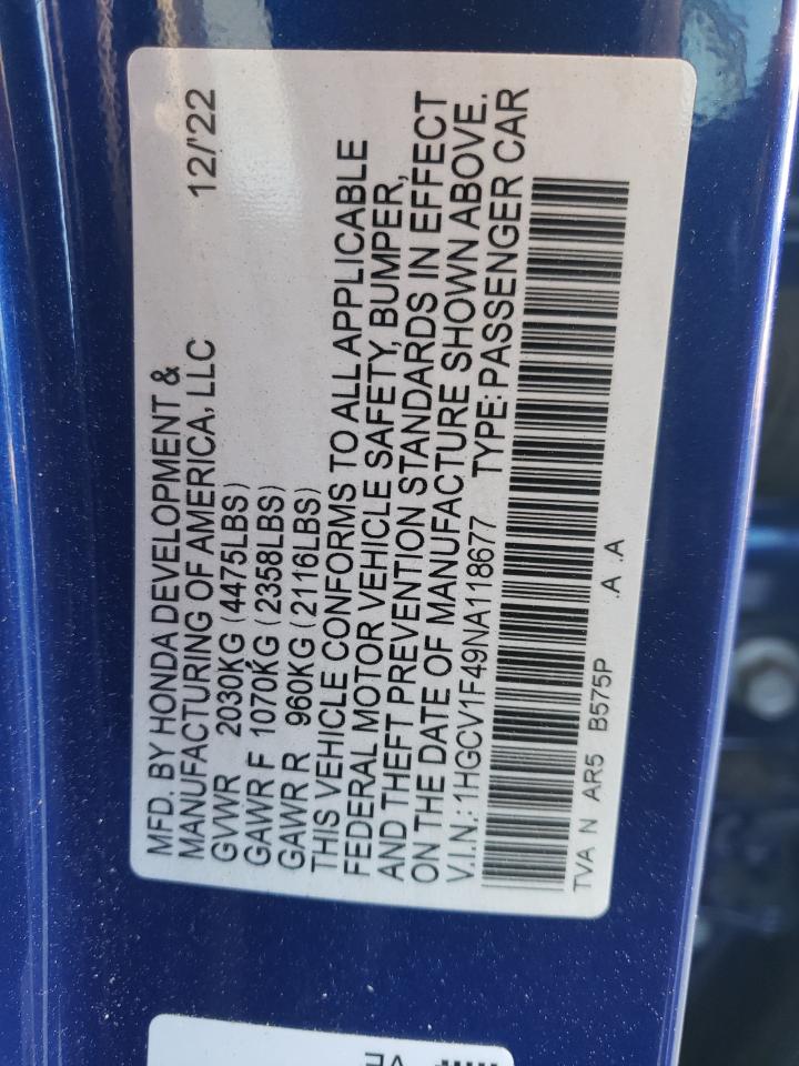 2022 HONDA ACCORD SPORT SE VIN:1HGCV1F49NA118677