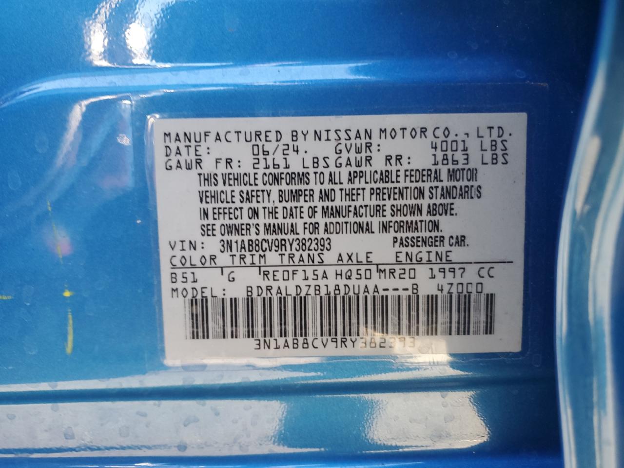 2024 NISSAN SENTRA SV VIN:3N1AB8CV9RY382393