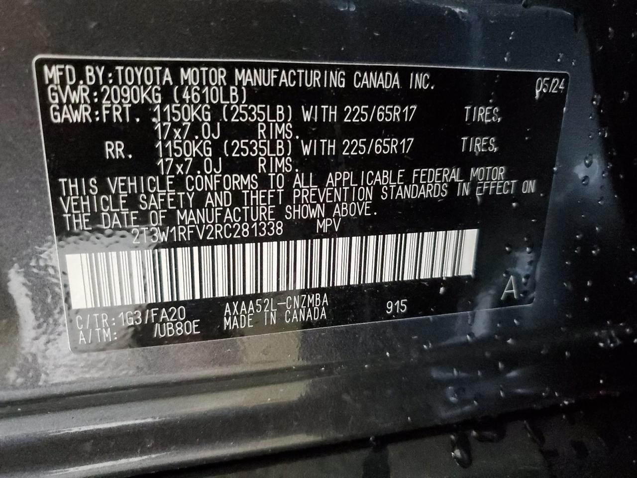 2024 TOYOTA RAV4 XLE VIN:2T3W1RFV2RC281338