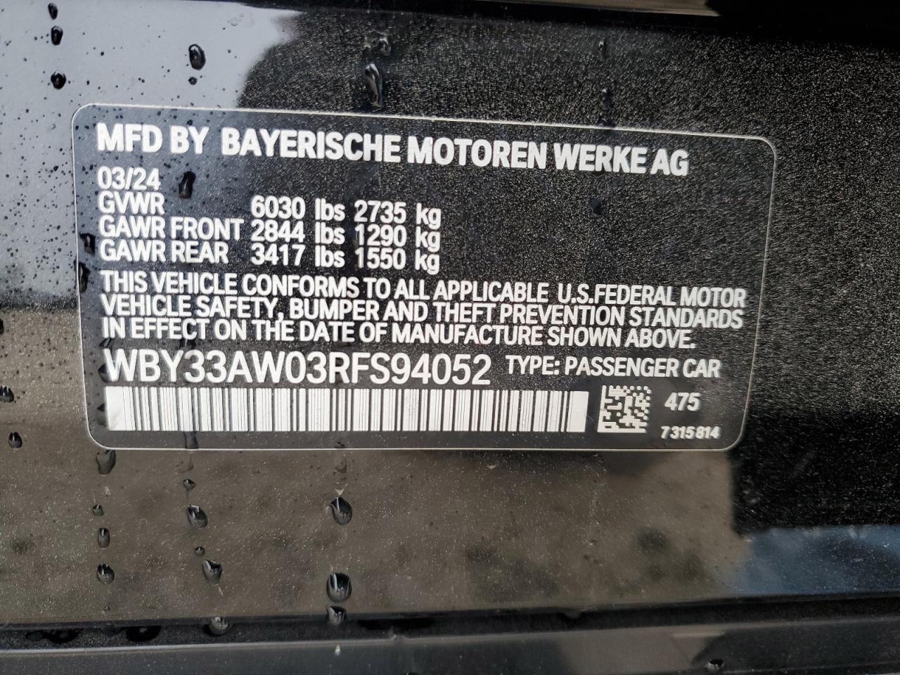 2024 BMW I4 M50 VIN:WBY33AW03RFS94052