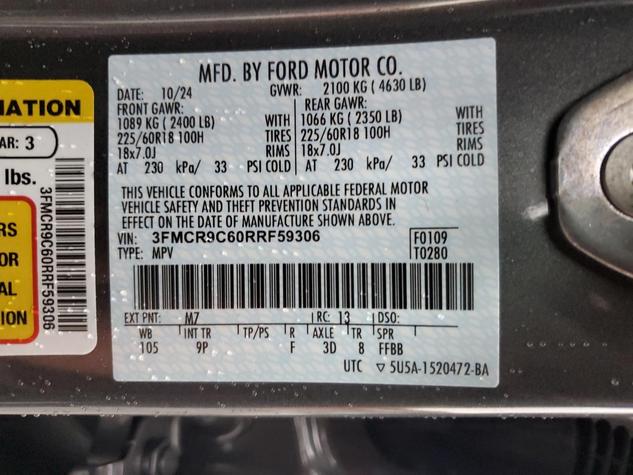 2024 FORD BRONCO SPORT OUTER BANKS VIN:3FMCR9C60RRF59306