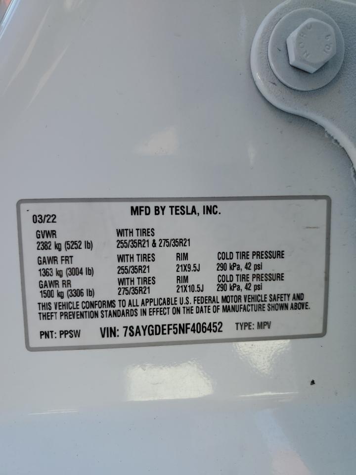 2022 TESLA MODEL Y  VIN:7SAYGDEF5NF406452