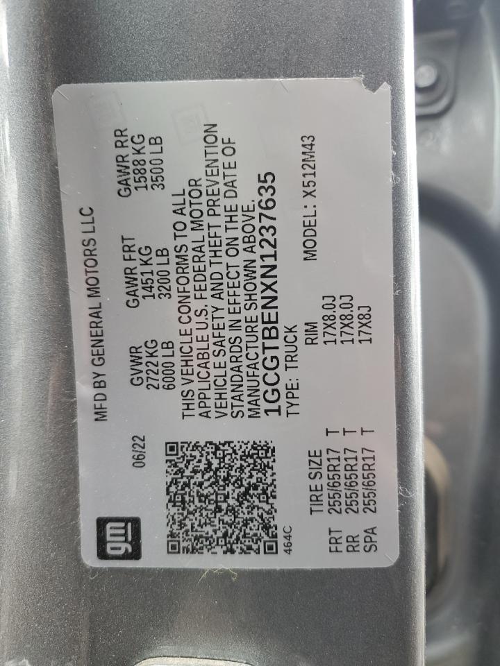 2022 CHEVROLET COLORADO  VIN:1GCGTBENXN1237635