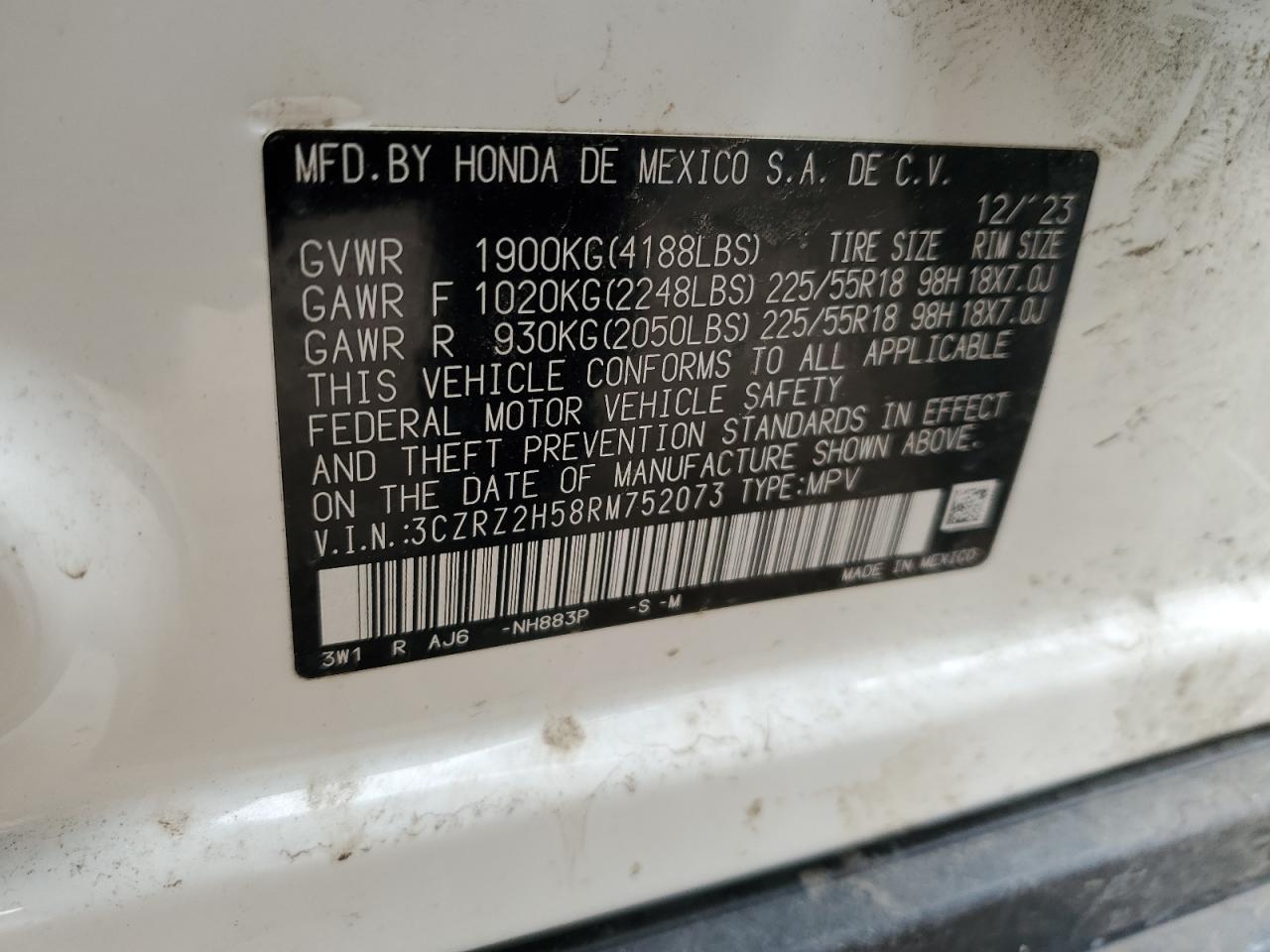 2024 HONDA HR-V SPORT VIN:3CZRZ2H58RM752073