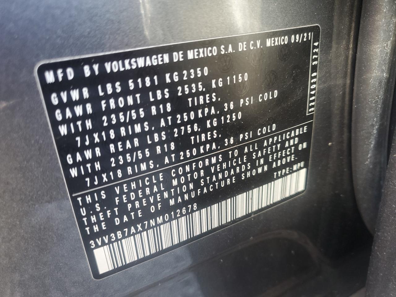 2022 VOLKSWAGEN TIGUAN SE VIN:3VV3B7AX7NM012678