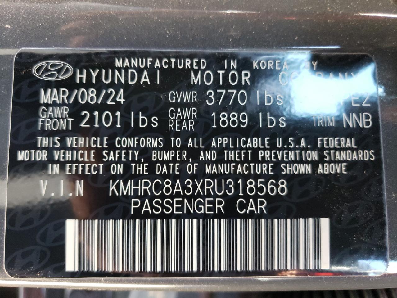 2024 HYUNDAI VENUE SEL VIN:KMHRC8A3XRU318568