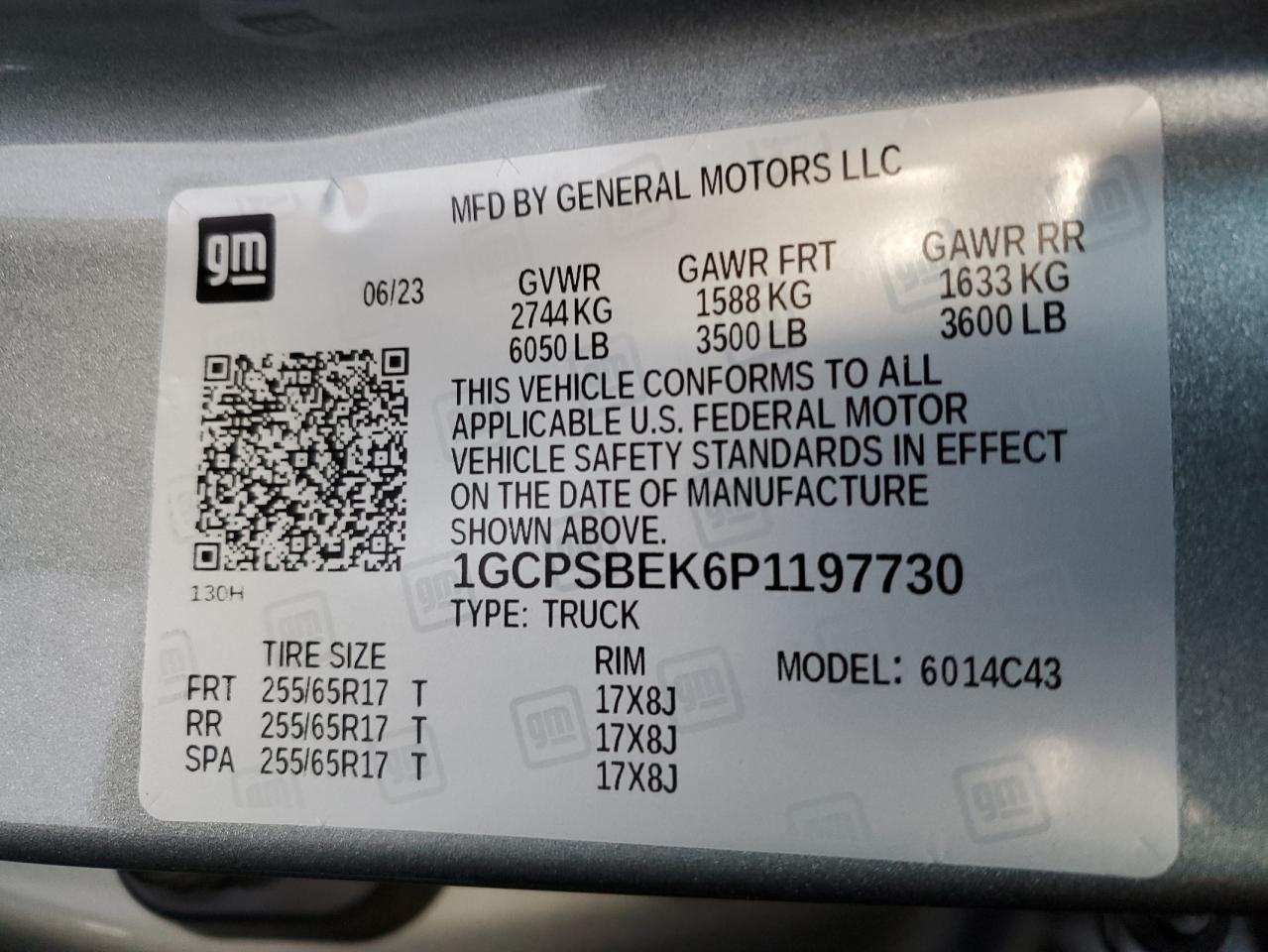 2023 CHEVROLET COLORADO  VIN:1GCPSBEK6P1197730