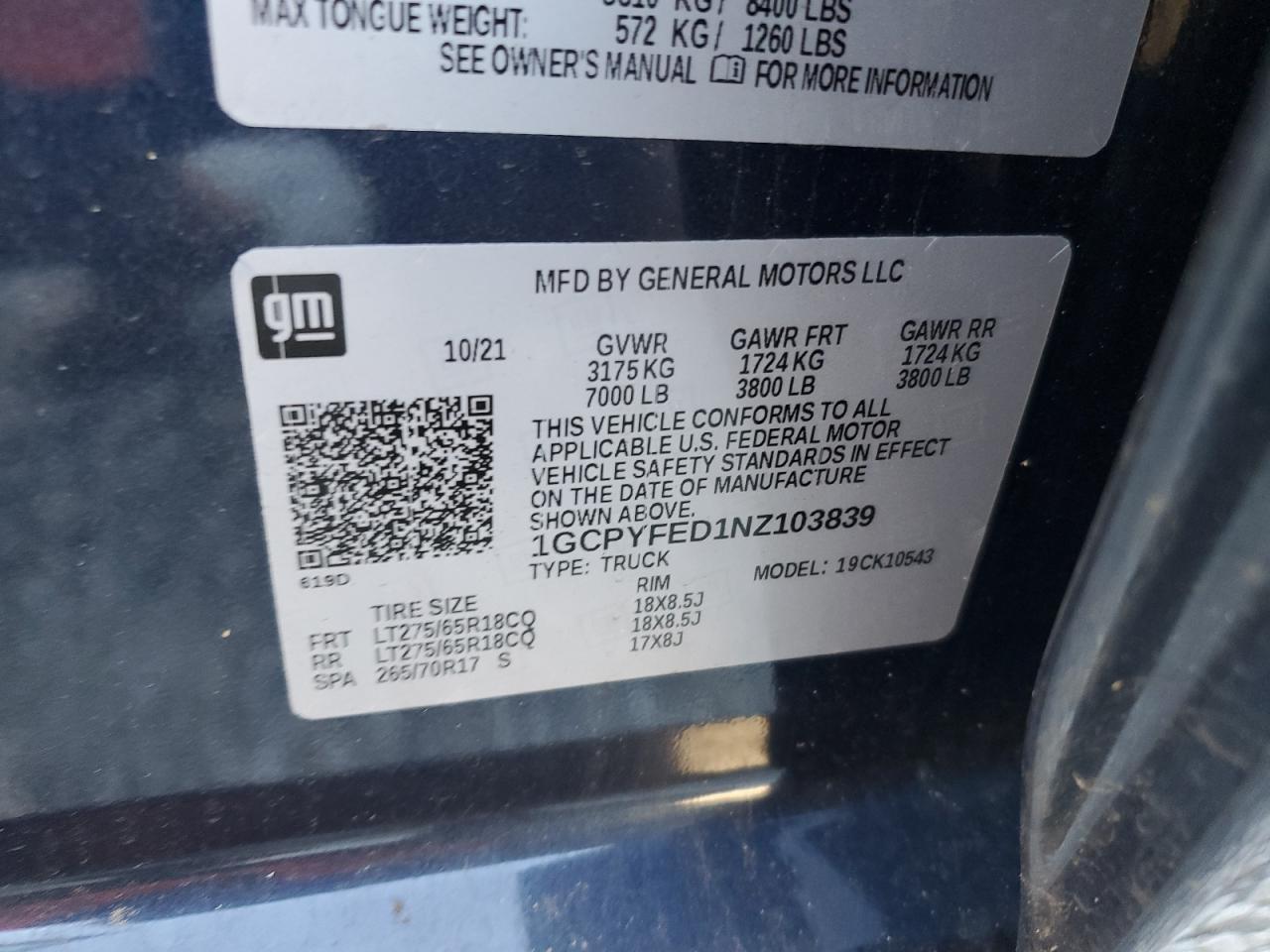 2022 CHEVROLET SILVERADO LTD K1500 LT TRAIL BOSS VIN:1GCPYFED1NZ103839