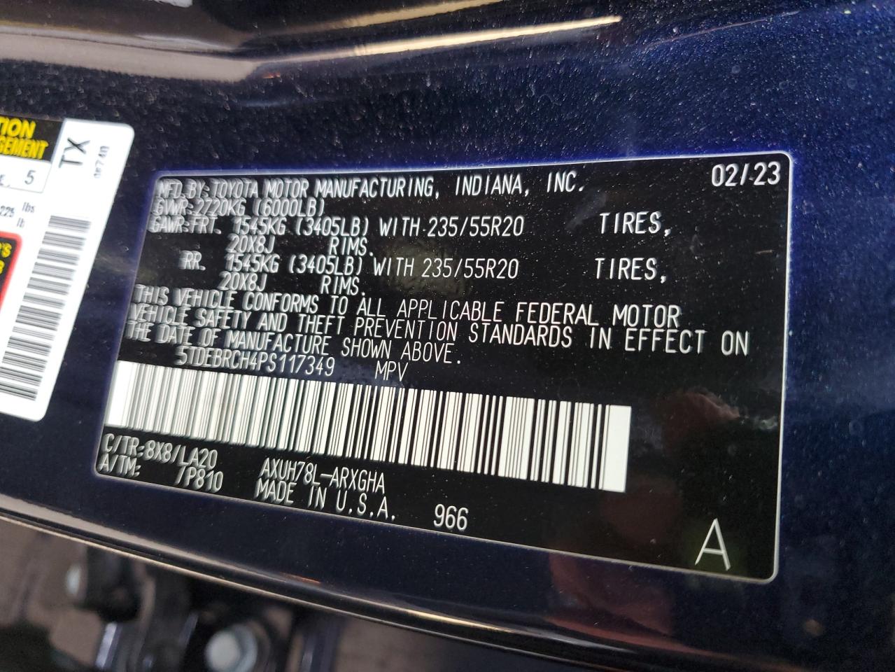 2023 TOYOTA HIGHLANDER HYBRID LIMITED VIN:5TDEBRCH4PS117349