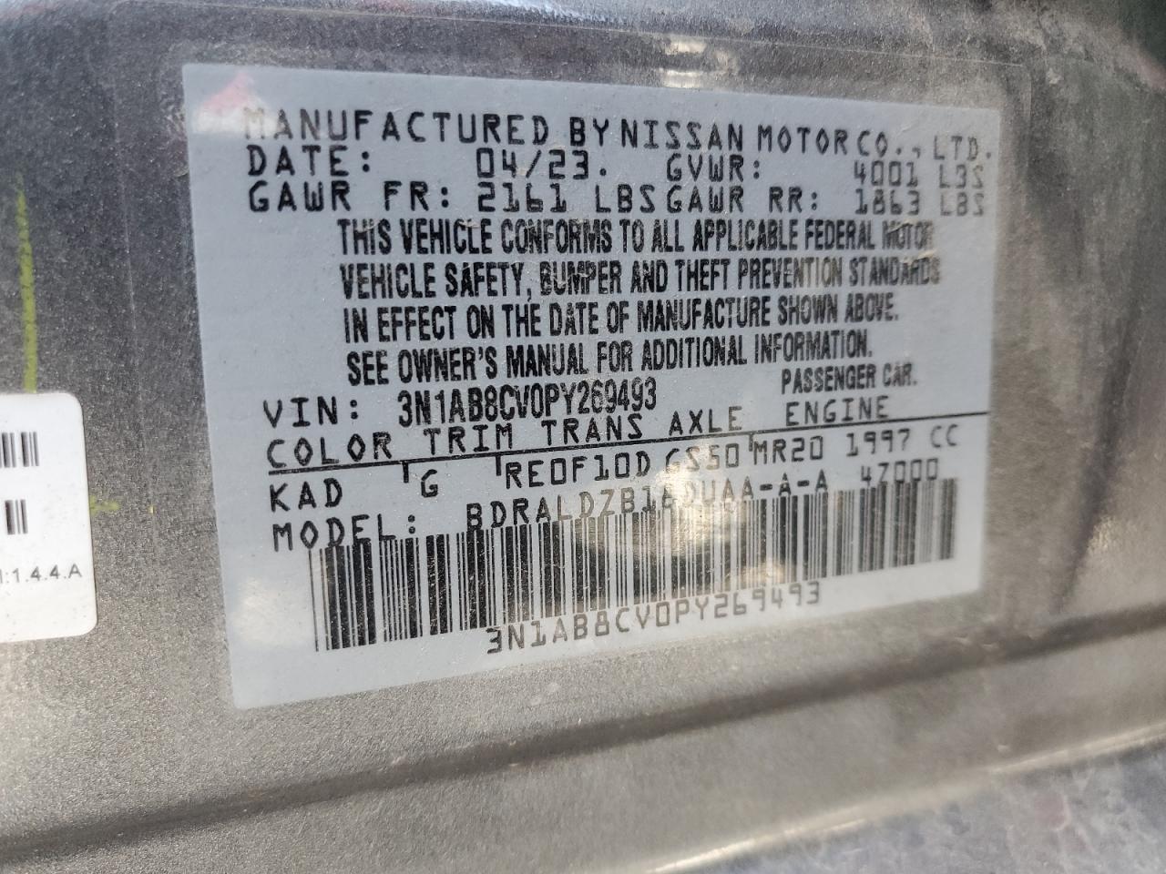 2023 NISSAN SENTRA SV VIN:3N1AB8CV0PY269493