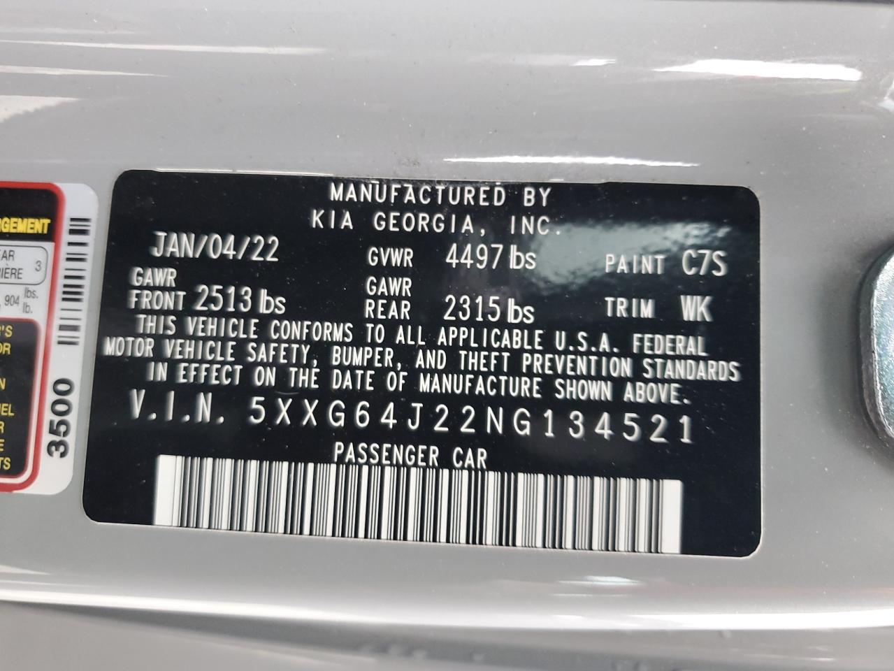 2022 KIA K5 GT LINE VIN:5XXG64J22NG134521