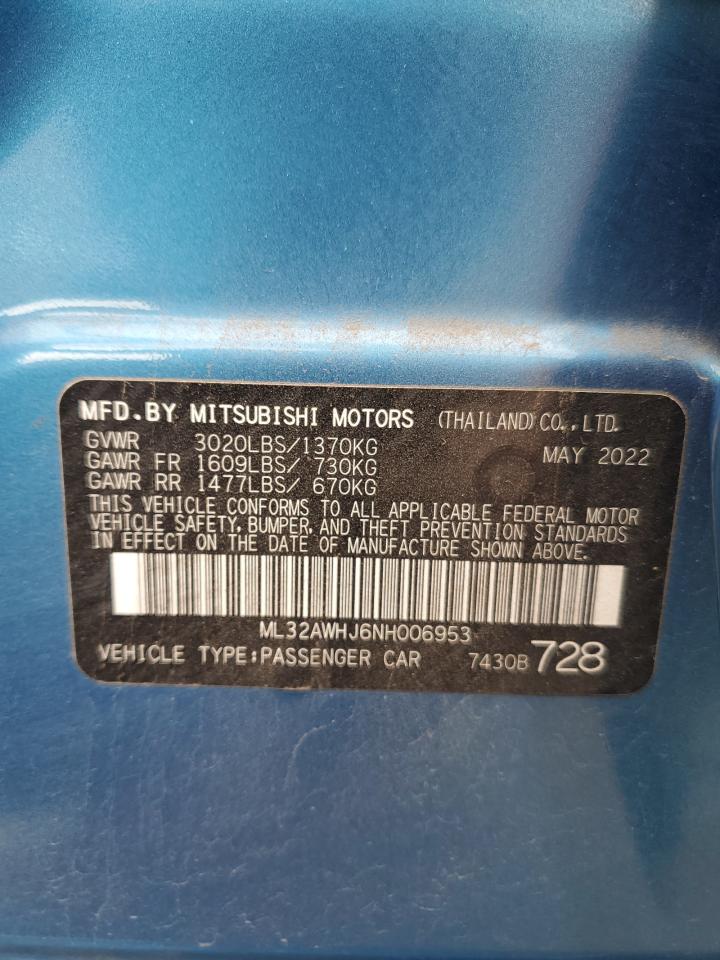 2022 MITSUBISHI MIRAGE SE VIN:ML32AWHJ6NH006953