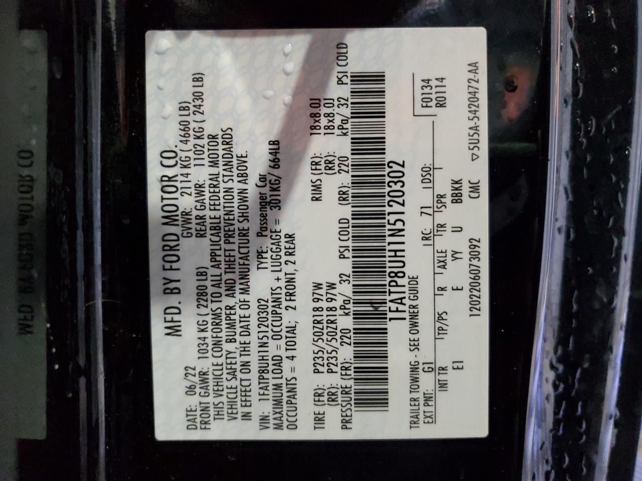 2022 FORD MUSTANG  VIN:1FATP8UH1N5120302