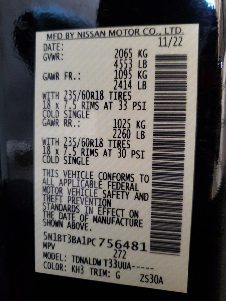 2023 NISSAN ROGUE SV VIN:5N1BT3BA1PC756481