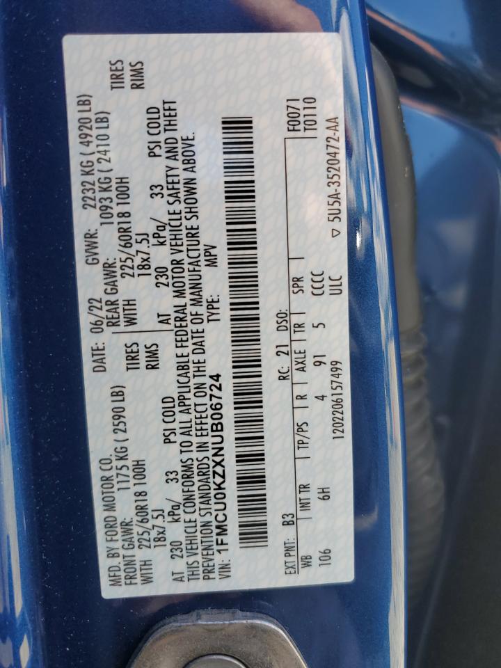 2022 FORD ESCAPE SEL VIN:1FMCU0KZXNUB06724