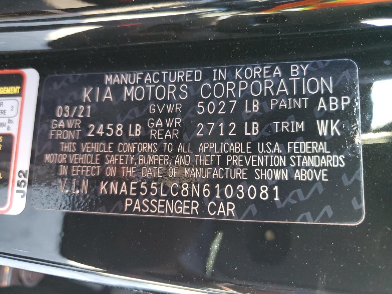 2022 KIA STINGER GT2 VIN:KNAE55LC8N6103081