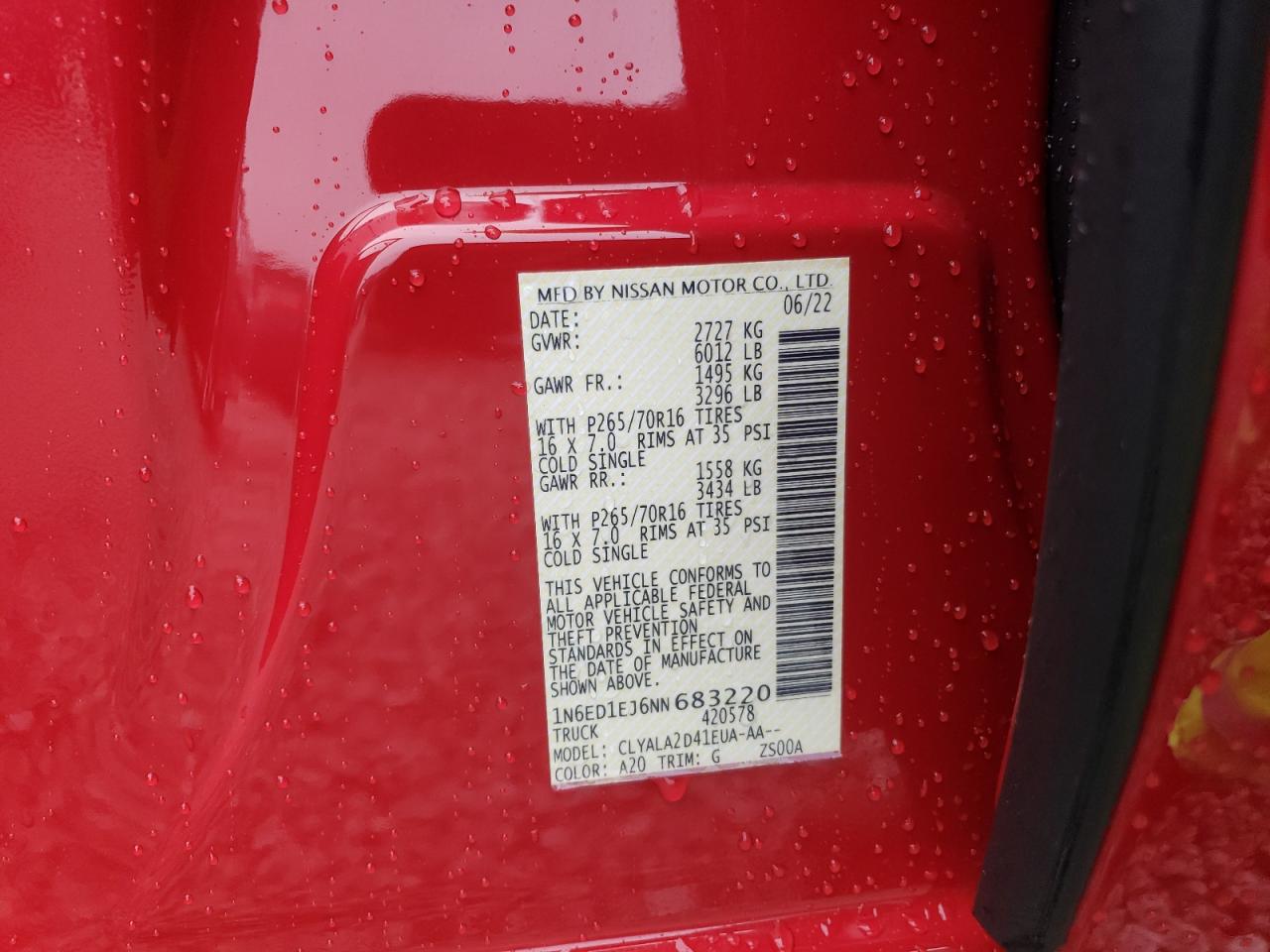 2022 NISSAN FRONTIER S VIN:1N6ED1EJ6NN683220