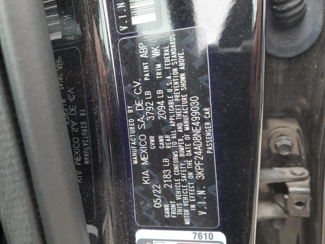 2022 KIA FORTE FE VIN:3KPF24AD8NE499030