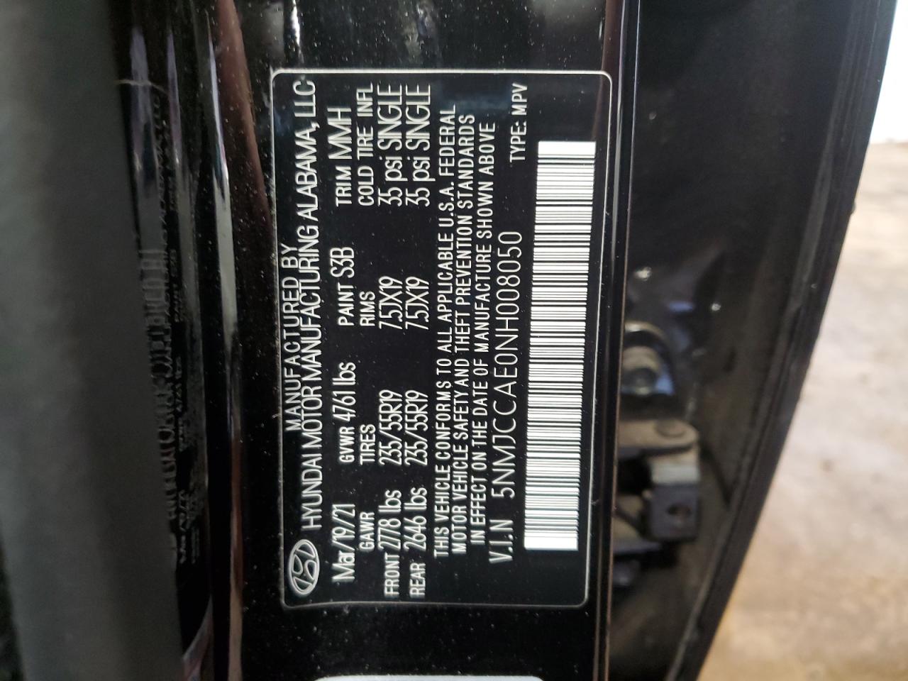 2022 HYUNDAI TUCSON SEL VIN:5NMJCCAE0NH008050