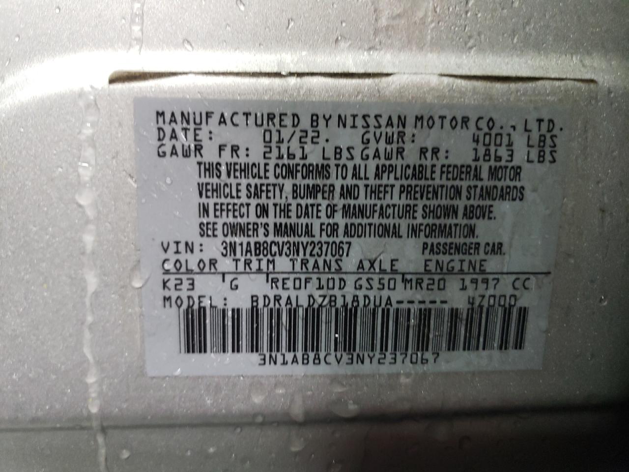 2022 NISSAN SENTRA SV VIN:3N1AB8CV3NY237067
