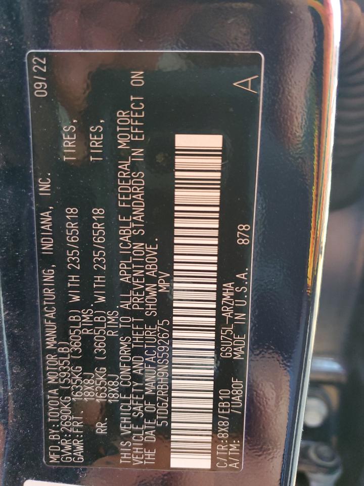 2022 TOYOTA HIGHLANDER XLE VIN:5TDGZRBH9NS592675