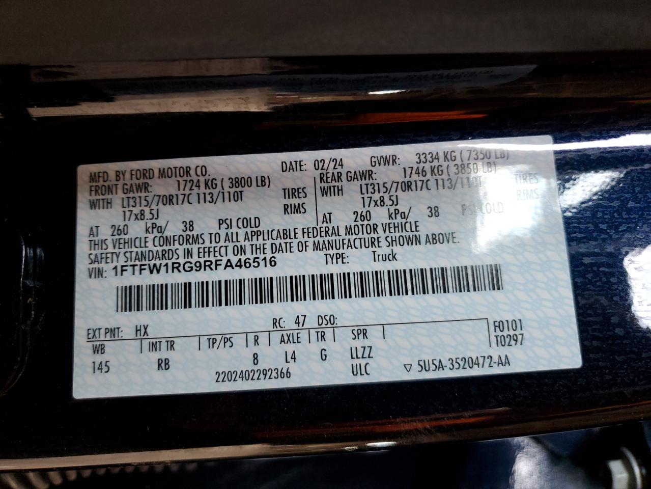 2024 FORD F150 RAPTOR VIN:1FTFW1RG9RFA46516
