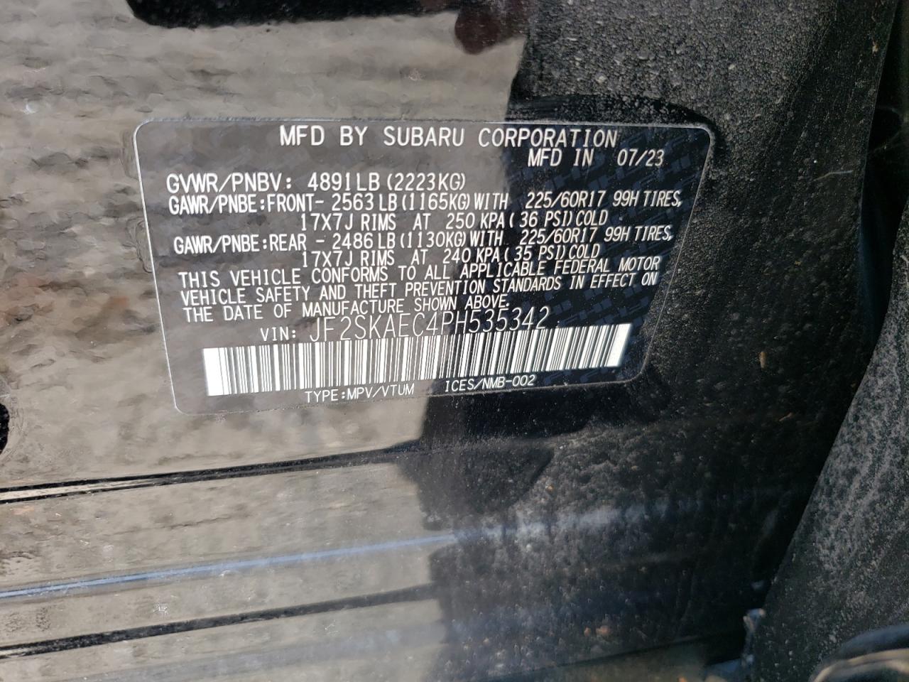 2023 SUBARU FORESTER PREMIUM VIN:JF2SKAEC4PH535342