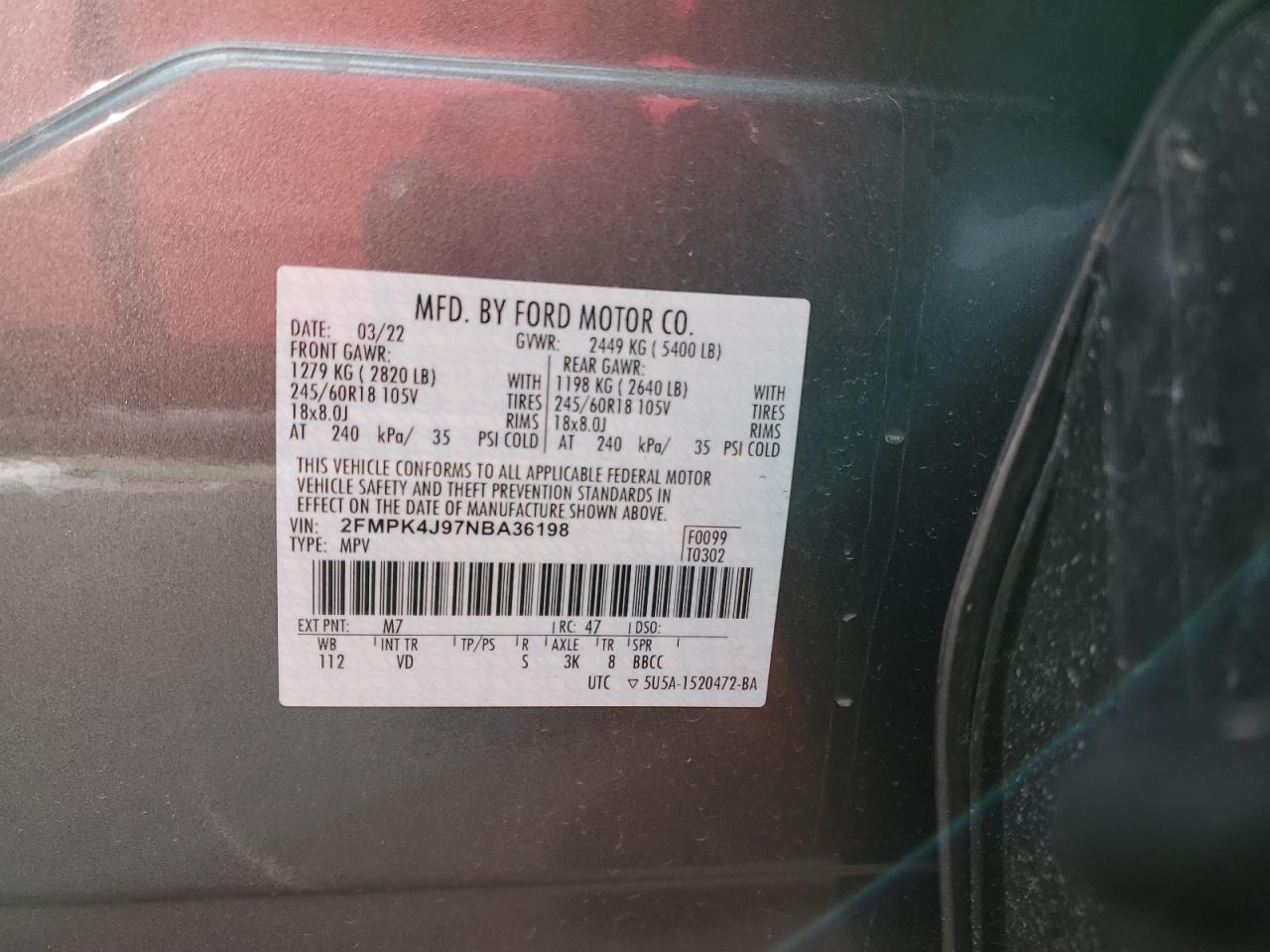 2022 FORD EDGE SEL VIN:2FMPK4J97NBA36198