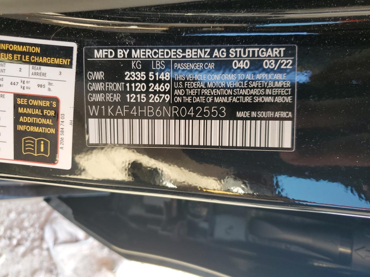 2022 MERCEDES-BENZ C 300 4MATIC VIN:W1KAF4HB6NR042553