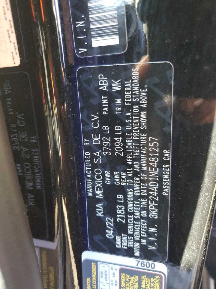 2022 KIA FORTE FE VIN:3KPF24AD1NE481257