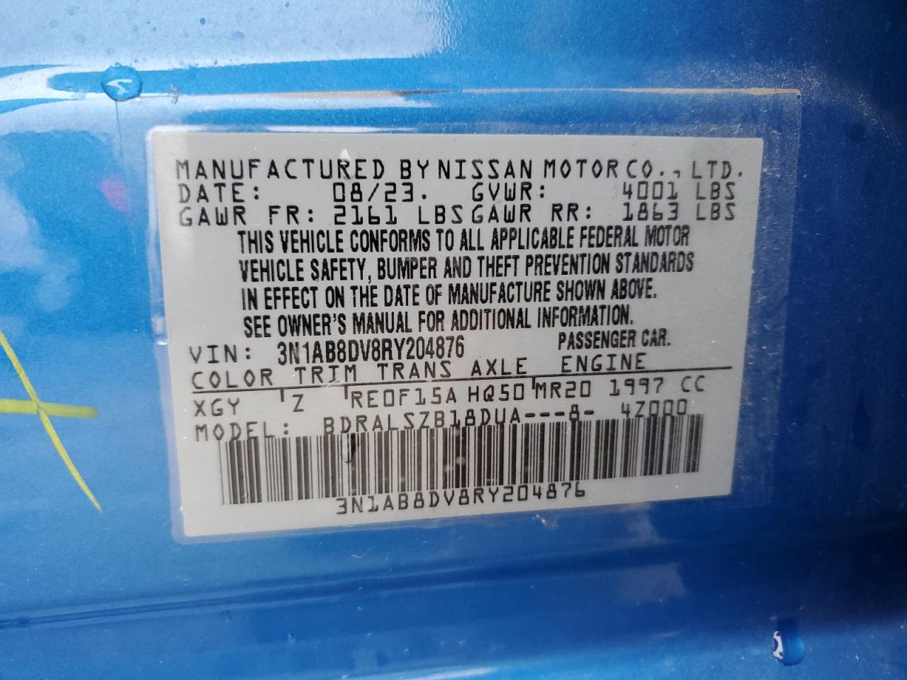 2024 NISSAN SENTRA SR VIN:3N1AB8DV8RY204876