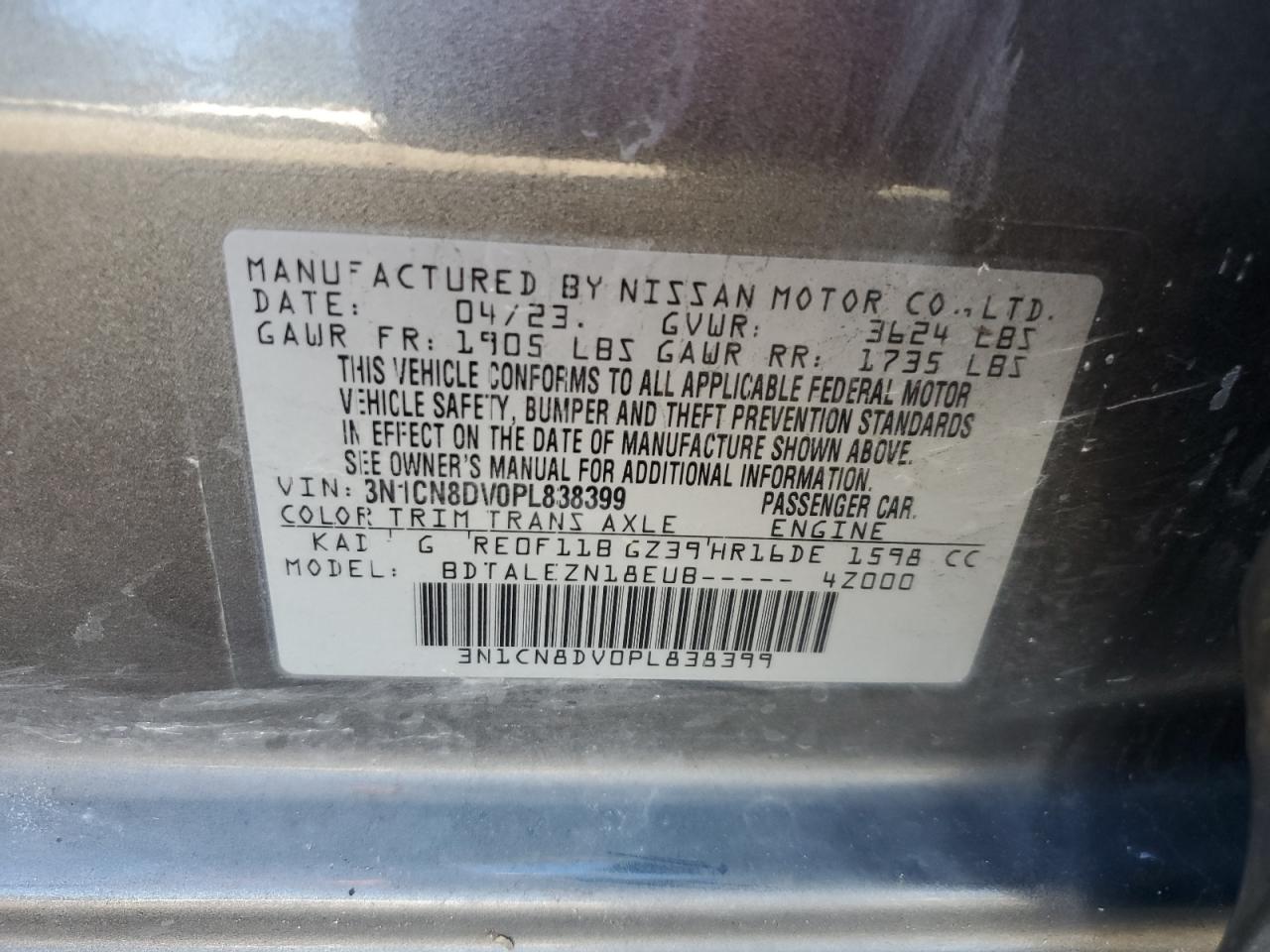 2023 NISSAN VERSA S VIN:3N1CN8DV0PL838399