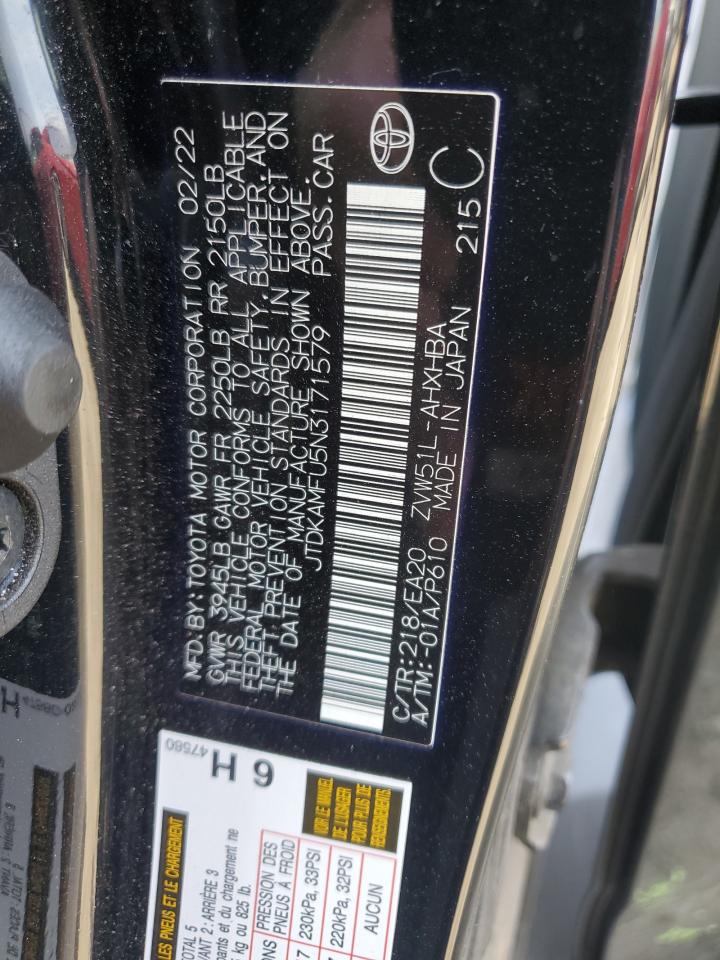 2022 TOYOTA PRIUS NIGHT SHADE VIN:JTDKAMFU5N3171579