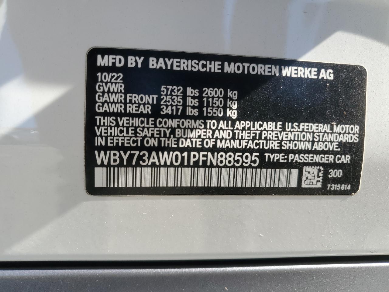 2023 BMW I4 EDRIVE 40 VIN:WBY73AW01PFN88595