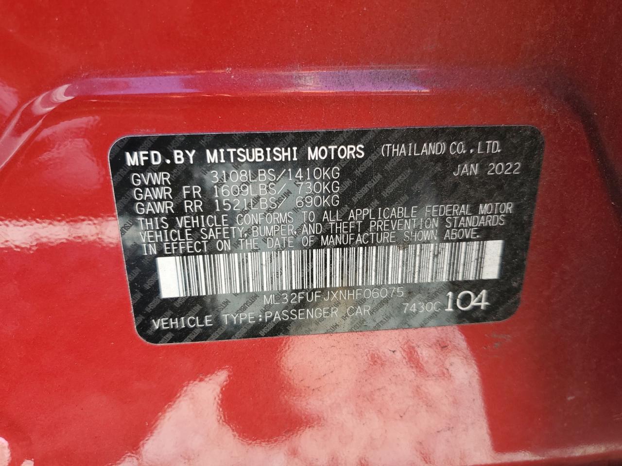 2022 MITSUBISHI MIRAGE G4 ES VIN:ML32FUFJXNHF06075