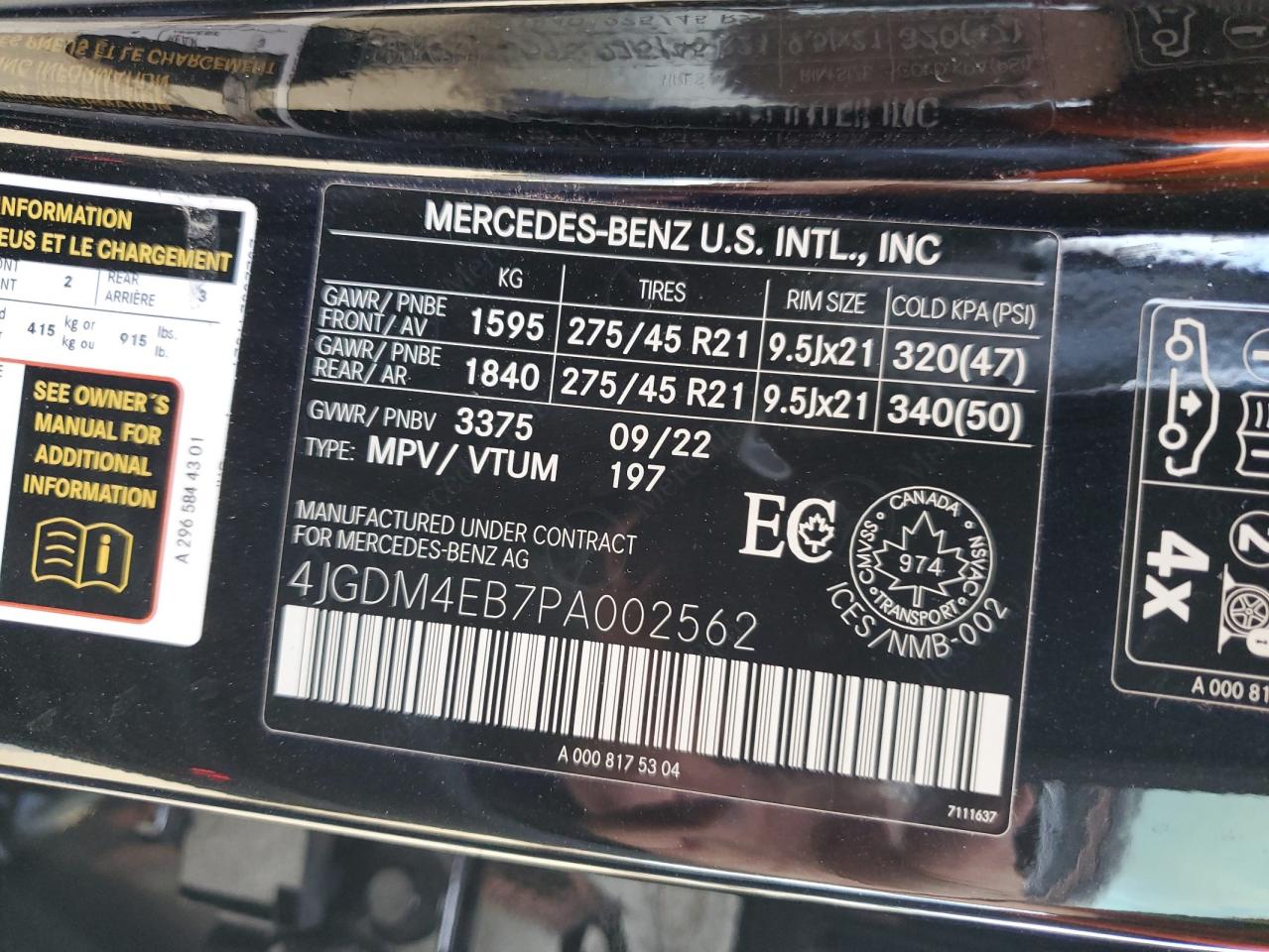 2023 MERCEDES-BENZ EQS SUV 580 4MATIC VIN:4JGDM4EB7PA002562