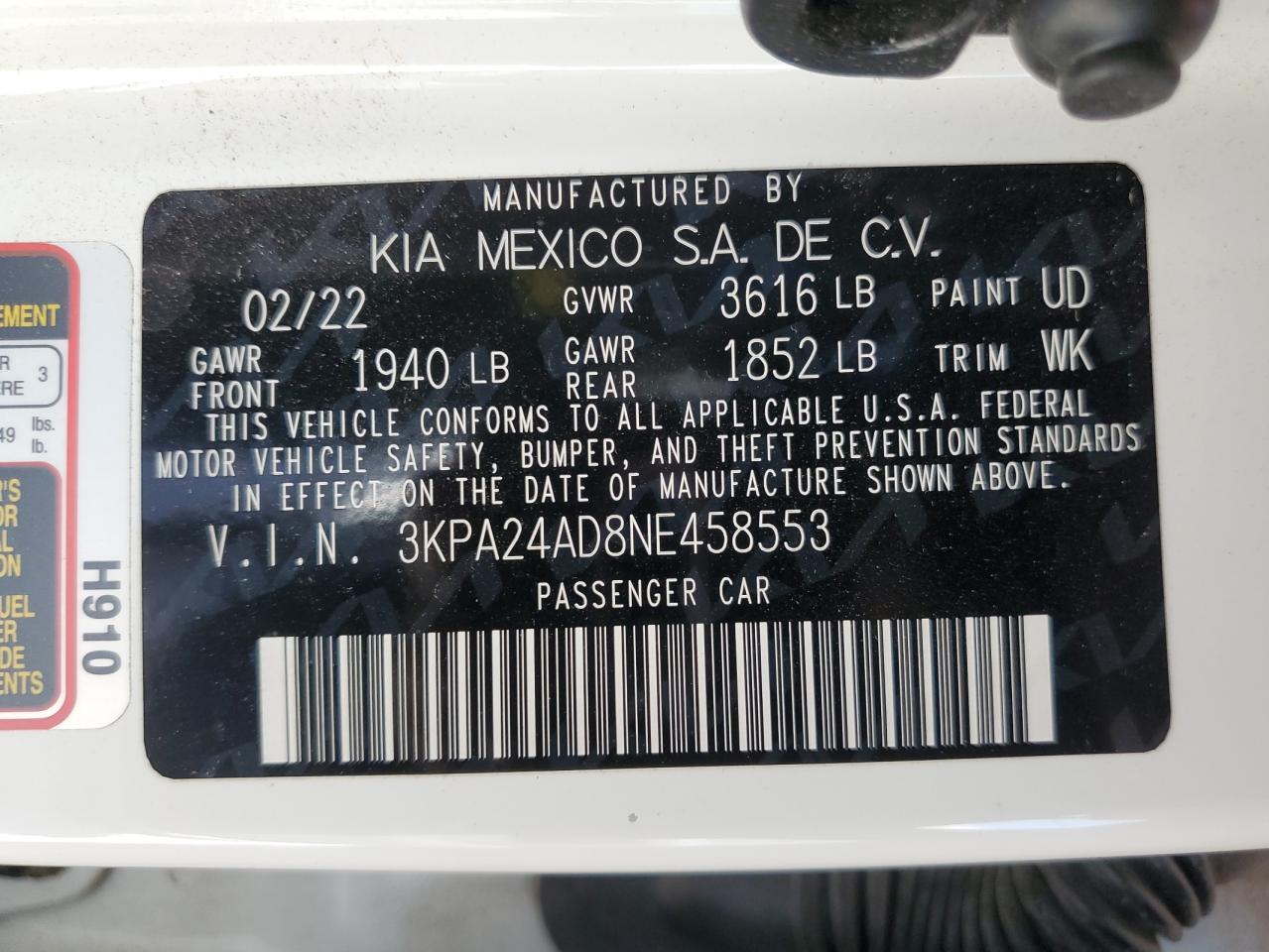 2022 KIA RIO LX VIN:3KPA24AD8NE458553
