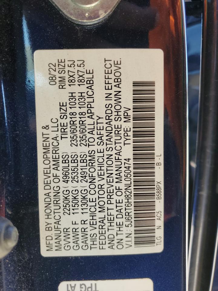 2022 HONDA CR-V EXL VIN:5J6RT6H82NL050474