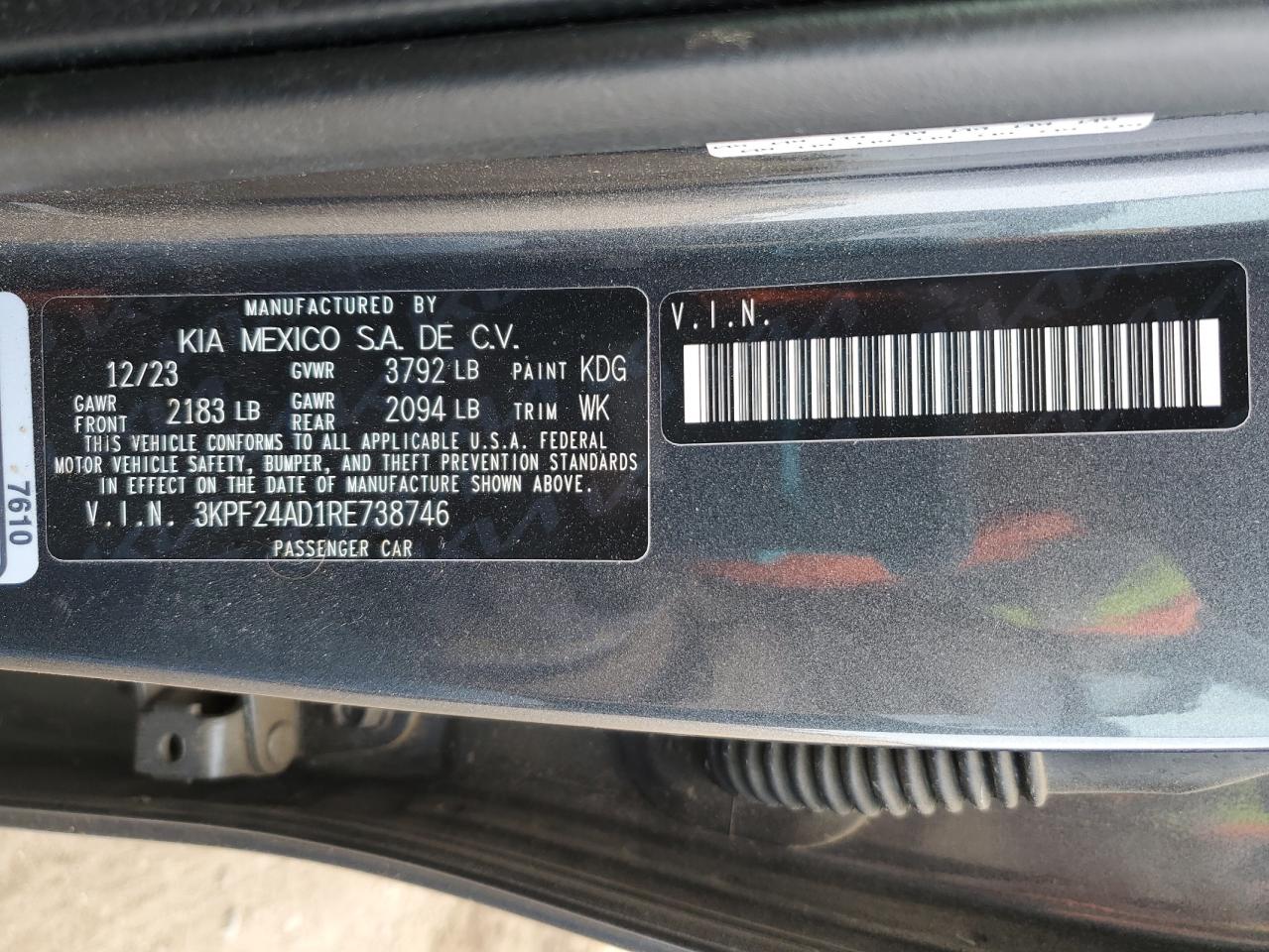 2024 KIA FORTE LX VIN:3KPF24AD1RE738746