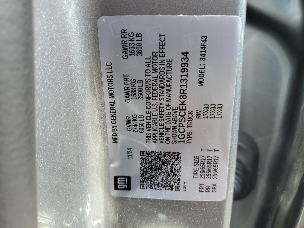 2024 CHEVROLET COLORADO LT VIN:1GCPSCEK8R1319934