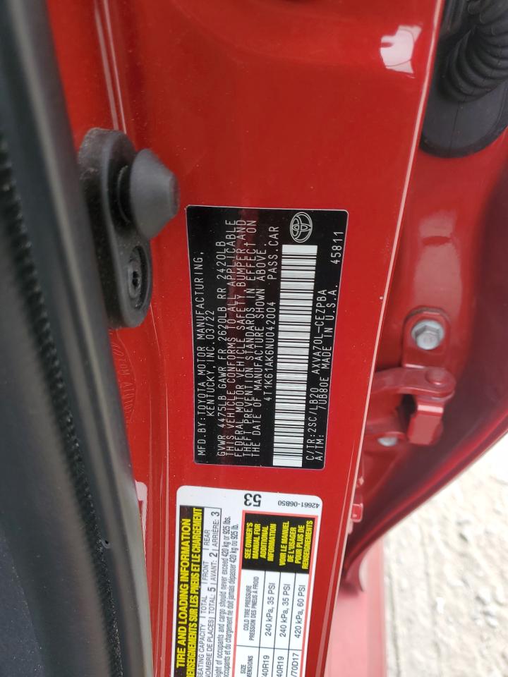 2022 TOYOTA CAMRY XSE VIN:4T1K61AK6NU042004